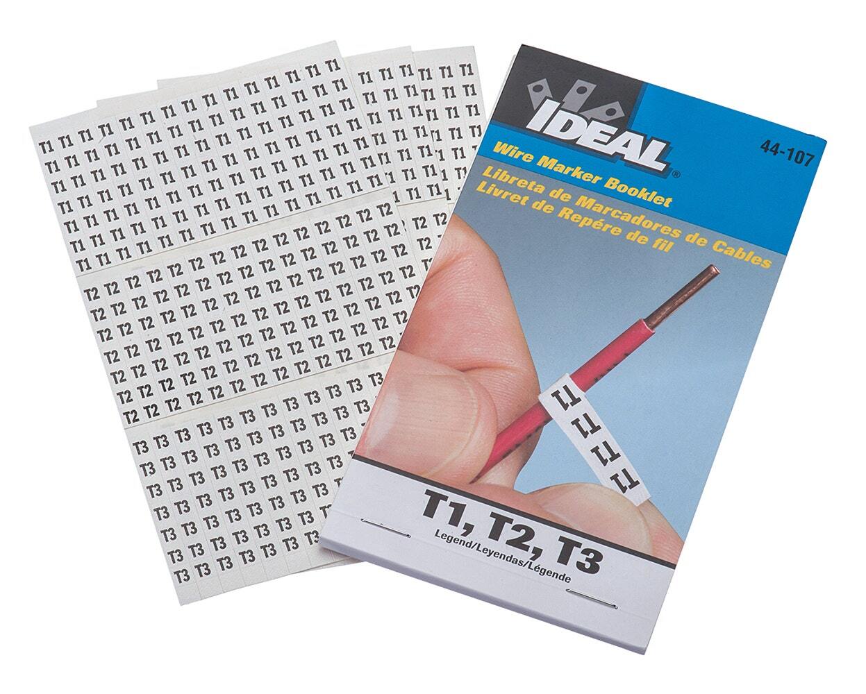 IDEAL, Wire Marker Booklet, Size: 1/4 X 1-1/2 IN Marker, Material: Plastic-Impregnated Cloth, Legend: T1, T2, T3, Temperature Rating: -40 To 180 DEG F, Markers Per Page: 150, Number Of Pages: 10/Booklet, Legend Color: Non-Smear Black, Adhesion: 45 OZ/IN Width Ultimate, Includes: 450 Wire Markers And 450 Terminal Markers