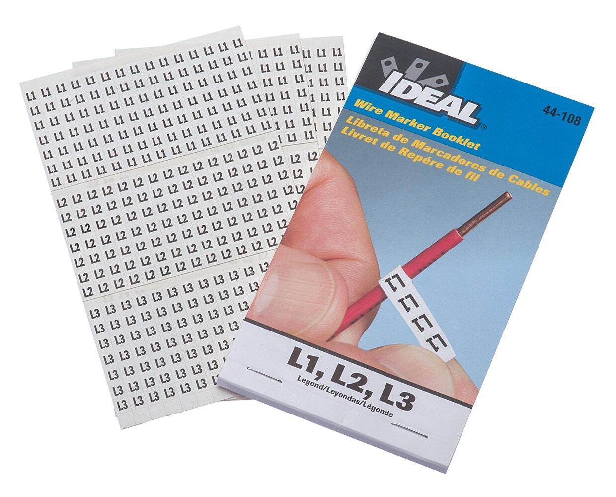 IDEAL, Wire Marker Booklet, Size: 1/4 X 1-1/2 IN Marker, Material: Plastic-Impregnated Cloth, Legend: L1, L2, L3, Temperature Rating: -40 To 180 DEG F, Markers Per Page: 150, Number Of Pages: 10/Booklet, Legend Color: Non-Smear Black, Adhesion: 45 OZ/IN Width Ultimate, Includes: 450 Wire Markers And 450 Terminal Markers