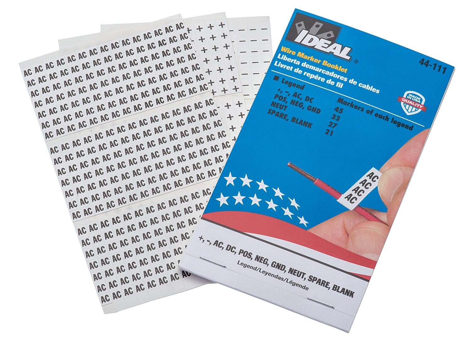 IDEAL, Wire Marker Booklet, Size: 1/4 X 1-1/2 IN Marker, Material: Plastic-Impregnated Cloth, Legend: +, -, AC,DC, POS, NEG, GND, NEU, SPARE, BLANK, Temperature Rating: -40 To 180 DEG F, Markers Per Page: +, -, AC,DC (45 Each), POS, NEG, GND (33 Each), NEUT (27 Each), SPARE, BLANK (21 Each), Number Of Pages: 10/Booklet, Legend Color: Non-Smear Black, Adhesion: 45 OZ/IN Width Ultimate, Includes: 348 Wire Markers And 348 Terminal Markers