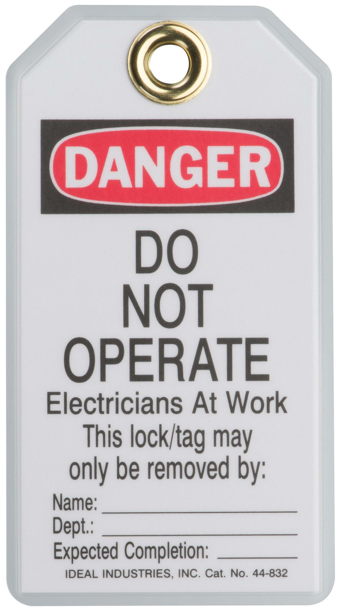 Heavy-Duty Laminated Lockout Tag, Plastic, Do Not Operate - Electricians at Work Legend, Grommet: 7/8 IN, Package: 5/Card, Exceeds OSHA 50 LB Pullout Requirement