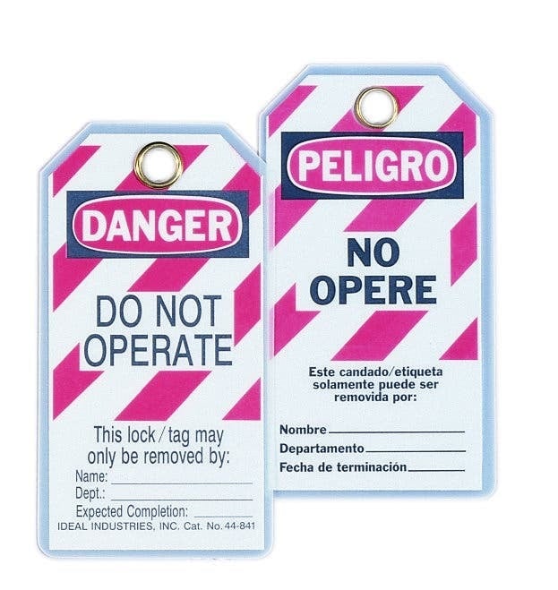 Laminated Bilingual Lockout Tag, Plastic, Do Not Operate (Striped) Legend, Grommet: 7/8 IN, Package: 5/Card, Exceeds OSHA 50 LB Pullout Requirement
