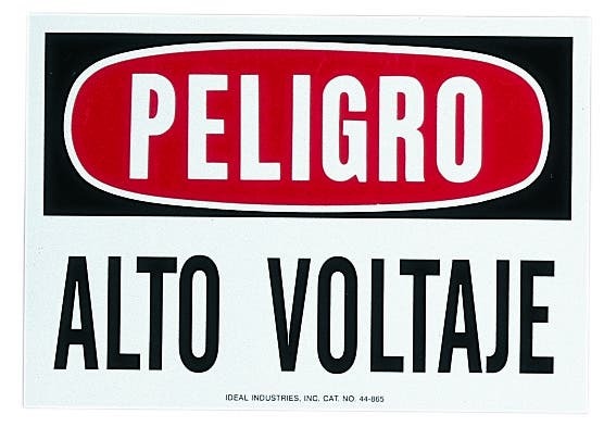 Self-Sticking Safety Sign, Polyester, 10 IN Length, 7 IN Width, Danger  High Voltage  Spanish Legend, For Indoor And Outdoor Use