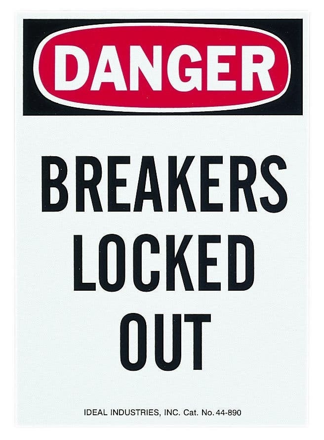 Safety Lockout Sign, Magnetic, 5 IN Length, 7 IN Width, Danger - Breakers Locked Out Legend, For Indoor And Outdoor Use