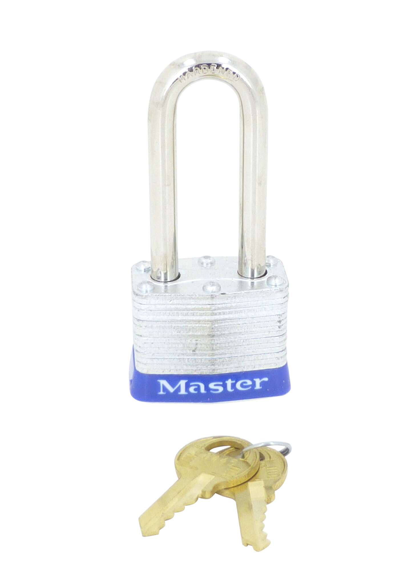 IDEAL, Padlock, Steel, Hasp Clearance: 2 IN, Lock Material: Steel Case, Hasp Diameter: 9/32 IN, Color: Blue Bumper, Width: 1-1/2 IN, Includes: Two Keys, Finish: Nickel-Plated Shackle IN