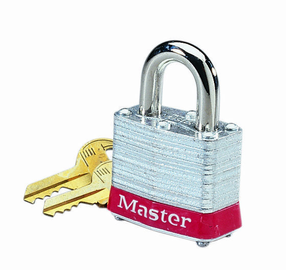 IDEAL, Padlock, Steel, Hasp Clearance: 3/4 IN, Hasp Diameter: 9/32 IN, Lock Material: Steel Case, Color: Red Bumper, Width: 1-1/2 IN, Includes: Two Brass Keys, Finish: Nickel-Plated Shackle IN