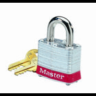 IDEAL, Padlock, Steel, Hasp Clearance: 3/4 IN, Hasp Diameter: 9/32 IN, Lock Material: Steel Case, Color: Red Bumper, Width: 1-1/2 IN, Includes: Two Brass Keys, Finish: Nickel-Plated Shackle IN