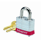 IDEAL, Padlock, Steel, Hasp Clearance: 2 IN, Hasp Diameter: 9/32 IN, Lock Material: Steel Case, Color: Red Bumper, Width: 1-1/2 IN, Includes: Two Keys, Finish: Nickel-Plated Shackle IN