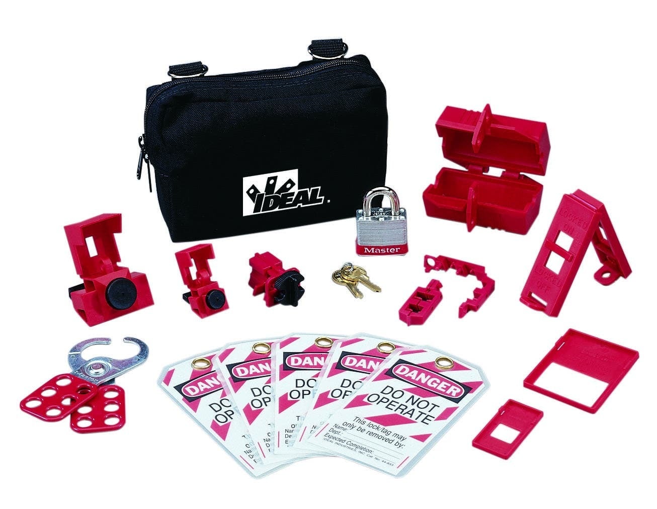 IDEAL, Lockout Or Tagout Kit, Basic, Material: Nylon Zipper, Number Of Pieces: 15, Includes: (2) 44-810 Hinged Single-Pole Breaker Lockouts, (1) 44-809 Universal 277V Breaker Lockout/Single Pole, (1) 44-807 480/600V Breaker Lockout, (1) 44-789 Wall Switch Lockout, (1) 44-906 3/4 IN Red Padlock, (1) 44-800 1 IN Safety Lockout Hasp, (5) 44-849 Lockout Tags Do Not Operate (striped), (1) 44-783 Universal Multi-Pole Breaker Lockout, (1) 110V Plug Lockout, (1) IA-3240 Zipper Pouch