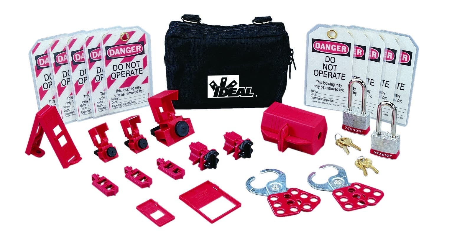 IDEAL, Lockout Or Tagout Kit, Standard, Material: Nylon Zipper, Number Of Pieces: 25, Includes: (3) 44-810 Hinged Single-Pole Breaker Lockouts, (2) 44-809 Universal 277V Breaker Lockouts/Single Pole, (1) 44-807 480/600V Breaker Lockout, (1) 44-789 Wall Switch Lockout, (1) 44-818 110V Small Plug Lockout, (2) 44-907 2 in. Shackle Red Padlocks, (2) 44-800 1 in. Safety Lockout Hasps, (5) 44-848 Lockout Tags Do Not Operate, (5) 44-849 Lockout Tags Do Not Operate (striped), (1) 44-785 Cleat for 277V Breaker Lockout, (1) 44-786 Cleat for 480/600V Breaker Lockout, (2) 44-783 Universal Multi-Pole Breaker Lockouts,(1) IA-3240 Zipper Pouch