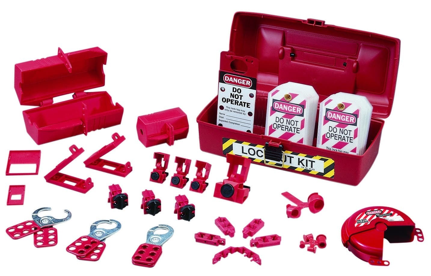IDEAL, Lockout Or Tagout Kit, Plant Facility, Material: Polypropylene, Number Of Pieces: 36, Includes: (5) 44-810 Hinged Single-Pole Breaker Lockouts, (3) 44-809 Universal 277V Breaker/Single Pole Lockouts, (1) 44-807 480/600V Breaker Lockout, (2) 44-789 Wall Switch Lockouts, (1) 44-818 110V Plug Lockout, (3) 44-800 1 in. Safety Lockout Hasps, (1) 44-791 Red Labeled Lockout, (1) 44-819 220/550V Plug Lockout, (10) 44-849 Lockout Tags Do Not Operate (striped), (1) 44-815 Fuse Blockout, (1) 44-816 Fuse Blockout, (1) 44-824 Gate Valve Lockout, (1) 44-785 Cleat for 277V Breaker Lockout, (1) 44-786 Cleat for 480/600V Breaker Lockout, (3) 44-783 Universal Multi-Pole Breaker Lockouts, (1) IA-3241 Tool Box