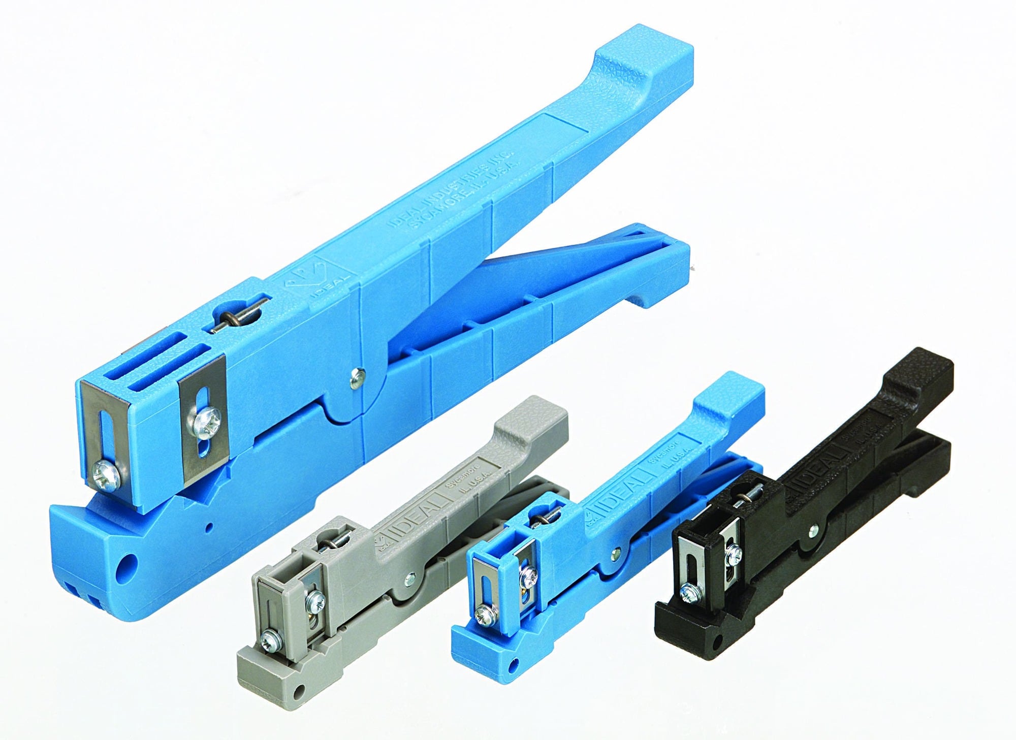 IDEAL, Stripper, Coaxial, Diameter Range: 1/4 - 9/16 IN, Color: Blue, Includes: Three Straight And One Round Blade, Cable Type: RG-11, RG-8