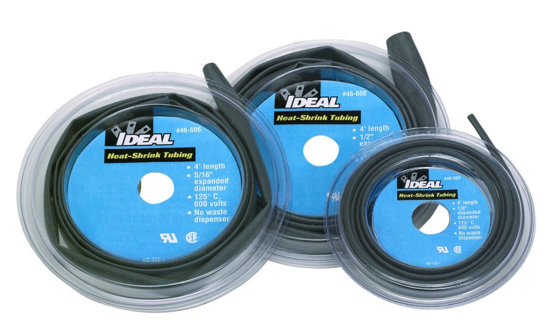 IDEAL, Heat Shrinkable Tube, Thermo-Shrink, Thin-Wall, Shrink Ratio: 2:1, Inside Diameter: 1/8 IN, Thickness: 017 IN, Length: 4 FT, Dielectric Strength: ASTM D 150, 20 KV/MM, Volume Resistivity: 1014 OHM CM For ASTM D 876 Test Method, Continuous Operating Temperature: -55 To 125 DEG C, Minimum Shrink Temperature: 70 DEG C, Heat Shock: UL 224, No Cracking (250 DEG C/4 HR), Cable Range: 24 - 20 AWG, Nominal Recoveredi.d. (max.): 063 IN, Expanded I.d. (min.): 0.146, Elongation At Break: 600 PCT ASTM D 638, Elongation Of Break After Aging: 350 PCT For UL 224 Test Method, Cold Bend Test (-55c/4 Hours): No Cracking For UL 224 Test Method, Copper Corrosion: Pass For UL 224 Test Method, Chemical Resistance: Pass For UL 224 Test Method, Longitudinal Shrinkage: 0 Plus Or Minus 5 PCT For UL 224 Test Method, Eccentricity: 30 PCT For UL 224 Test Method, Normal Size: 1/8 IN, Package: Disk