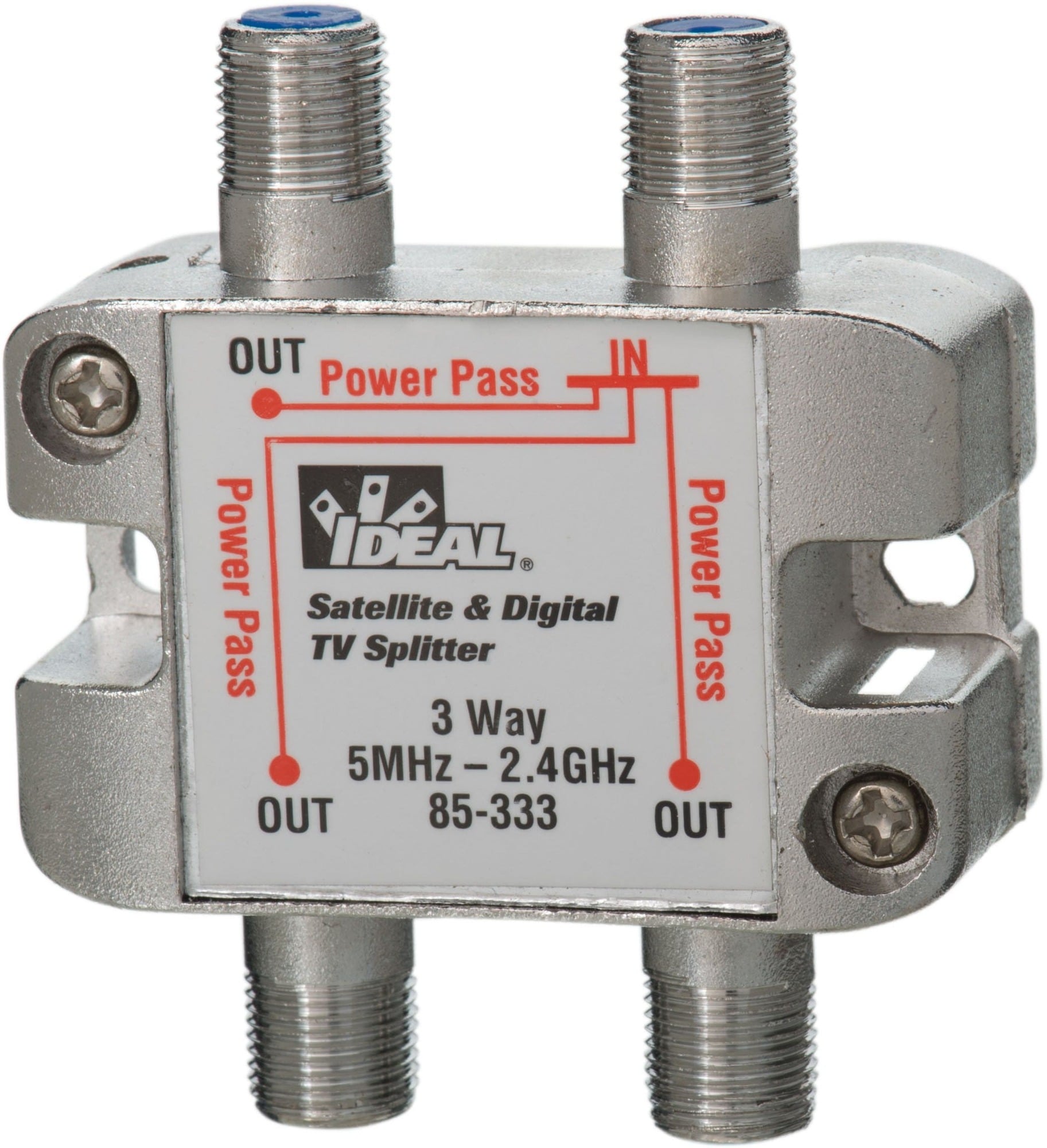 IDEAL, Splitter, Frequency Range: 2 GHZ, Connector: F Female, Includes: Two Mounting Screws (Phillips/slotted head)