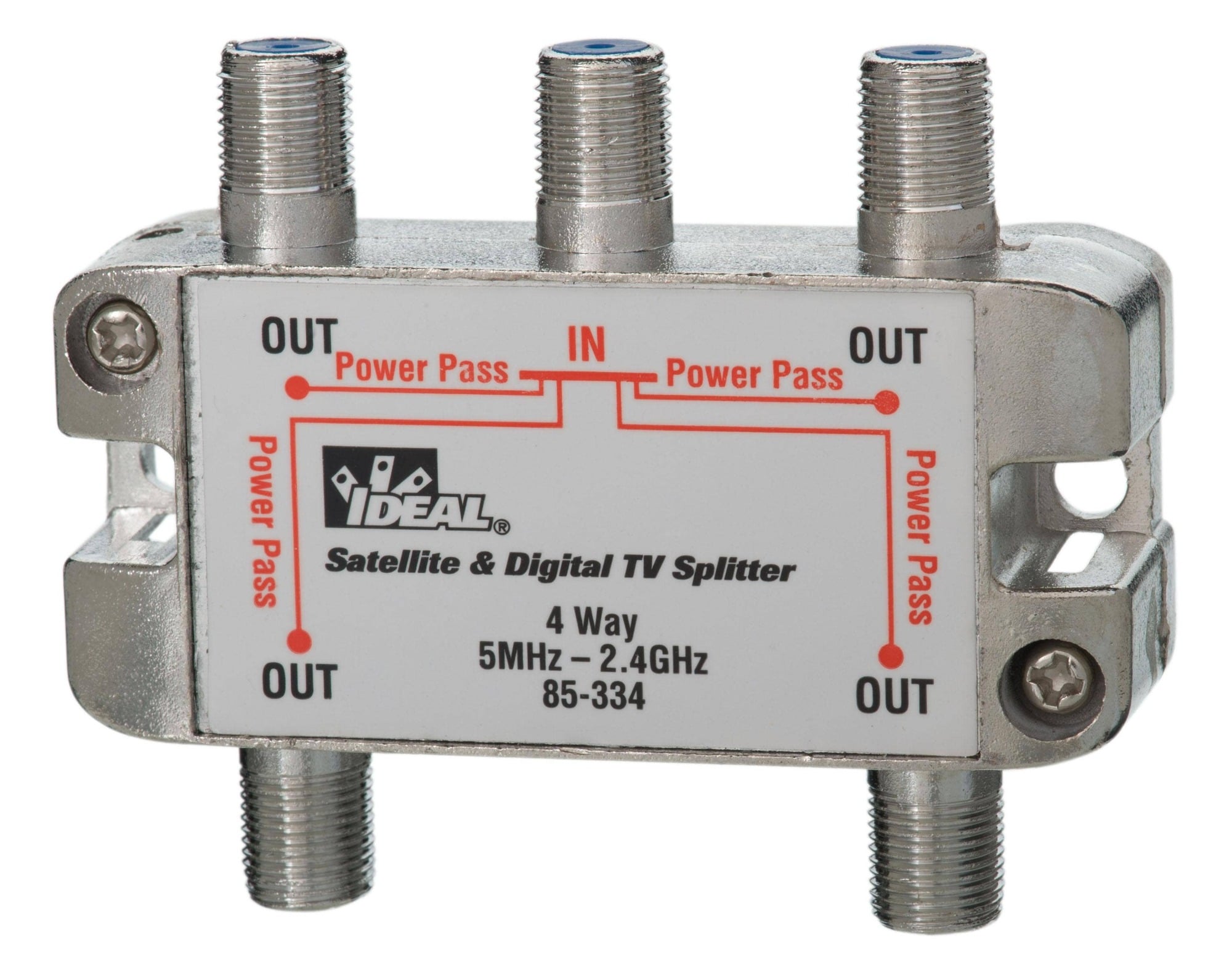 IDEAL, Splitter, Frequency Range: 2 GHZ, Connector: F Female, Includes: Two Mounting Screws (Phillips/slotted head)
