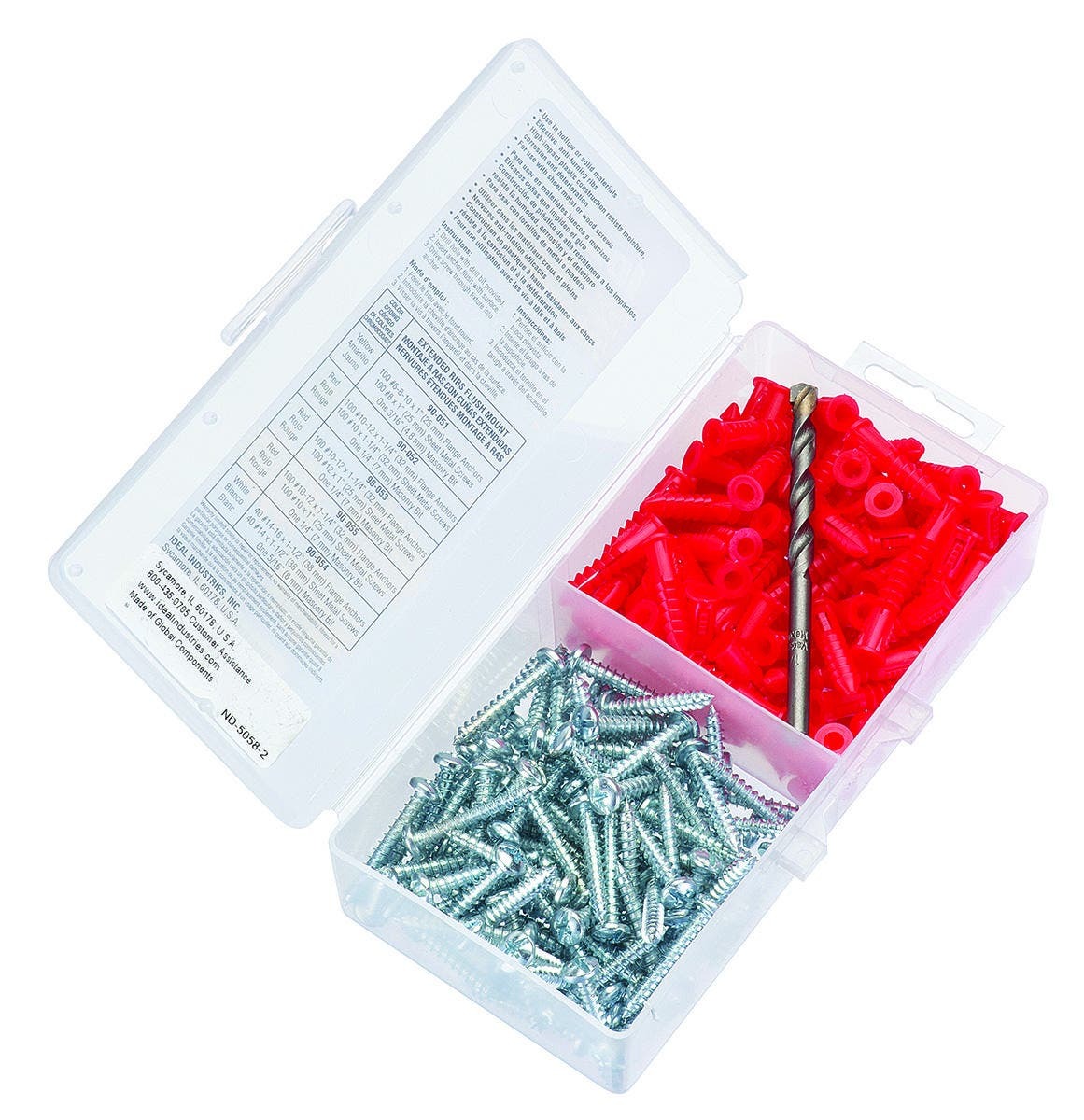 Flange Anchor Kit, 201 Pieces, Plastic, Consist Of 1: (100) 10-12 X 1 IN Anchors, Consist Of 2: (100) 10 X 1-1/4 IN Combo-Head Sheet-Metal Screws, Consist Of 3: (1) 1/4 IN Masonry Bit, Slotted/Phillips Screws