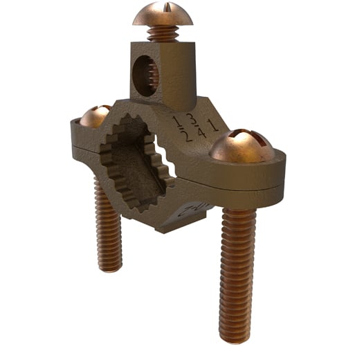 Permaground Brass Ground Clamp, Conductor Range 2-10, Pipe Sizes 1/2 to 1in, UL, Direct Bury