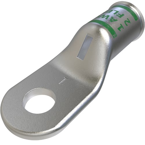 Copper Compression Lug, Conductor Size 1, 1 Hole, 1/4in Bolt Size, Standard Barrel, Sight Window, Tin Plated, UL, CSA