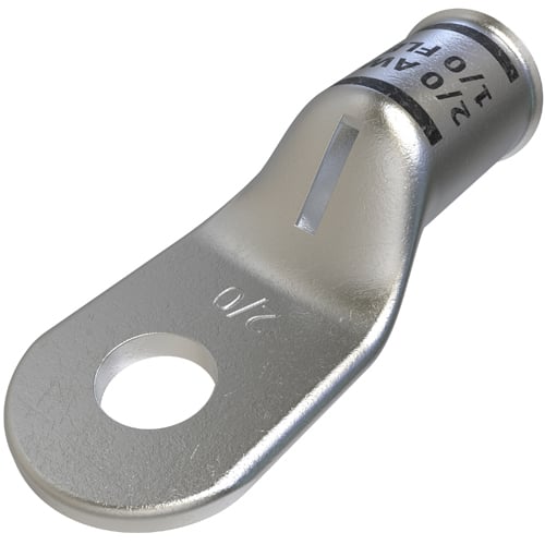 Copper Compression Lug, Conductor Size 2/0, 1 Hole, 5/16in Bolt Size, Standard Barrel, Sight Window, Tin Plated, UL, CSA