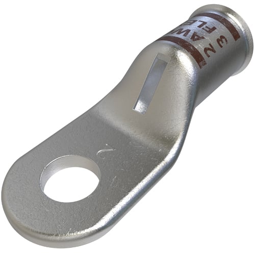 Copper Compression Lug, Conductor Size 2, 1 Hole, 1/4in Bolt Size, Standard Barrel, Sight Window, Tin Plated, UL, CSA