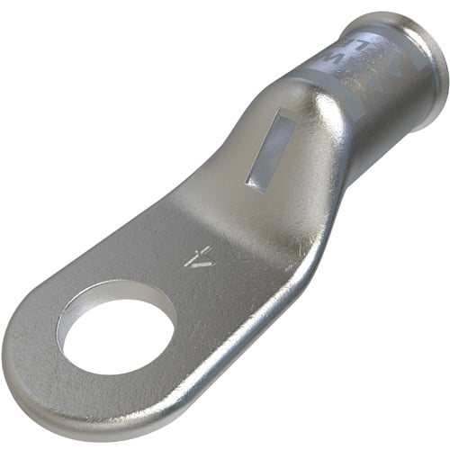 Copper Compression Lug, Conductor Size 4, 1 Hole, 1/4in Bolt Size, Standard Barrel, Sight Window, Tin Plated, UL, CSA