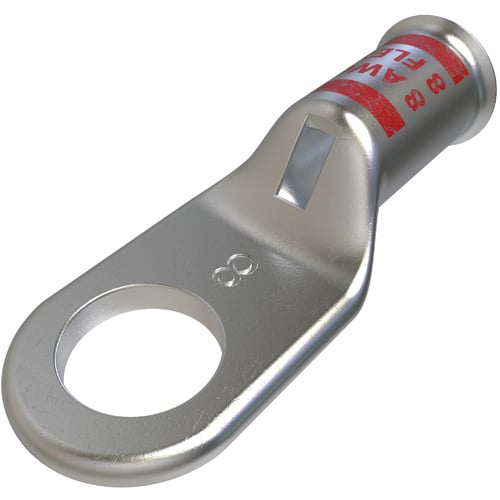 Copper Compression Lug, Conductor Size 8, 1 Hole, 1/4in Bolt Size, Standard Barrel, Sight Window, Tin Plated, UL, CSA
