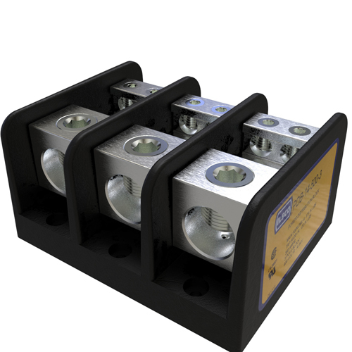 Power Distribution Block, Dual Rated, Line Conductor Range 500-4, Load Range 2/0-14, 1 Port Per Pole Line Side, 4 Ports Per Pole Load Side, 3 Pole, UL, CSA