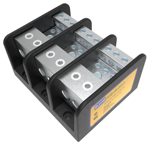 Power Distribution Block, Dual Rated, Line Conductor Range 2/0-12, Load Range 2-14, 2 Ports Per Pole Line Side, 6 Ports Per Pole Load Side, 3 Pole, UL, CSA