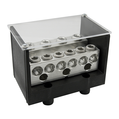 Power Distribution Block, Dual Rated, Line Conductor Range 500-3/0, Load Range 500-3/0, 5 Ports Per Pole Line Side, 5 Ports Per Pole Load Side, 1 Pole, UL, CSA, Includes Cover