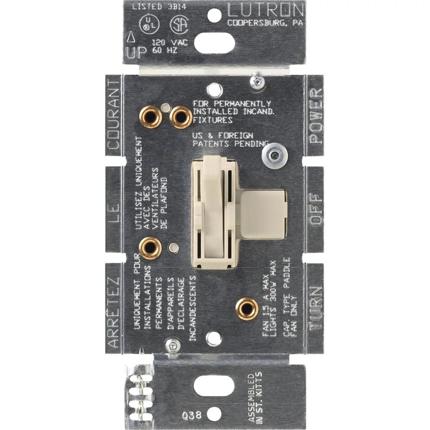Ariadni Fan/Light Control, Fan control and dimmer, single-pole - quiet 3-speed, 120V/1.5A/300W in light almond