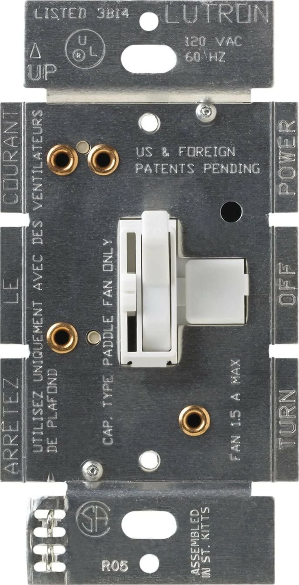 Ariadni Fan Control, 3-way/single-pole, quiet 3-speed, 120V/1.5A clamshell packaging in white