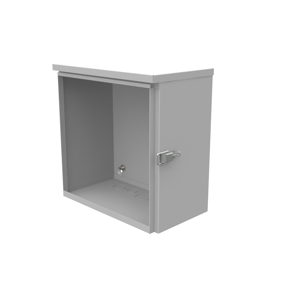 12x6x12 Hinge Cover Type 3R UL Listed Steel Knockouts ANSI 61 Gray Back Panel Weld Studs Drip Shield Emboss Mounting Holes in Back Padlocking Draw Latch Quad D Knockout for Lock