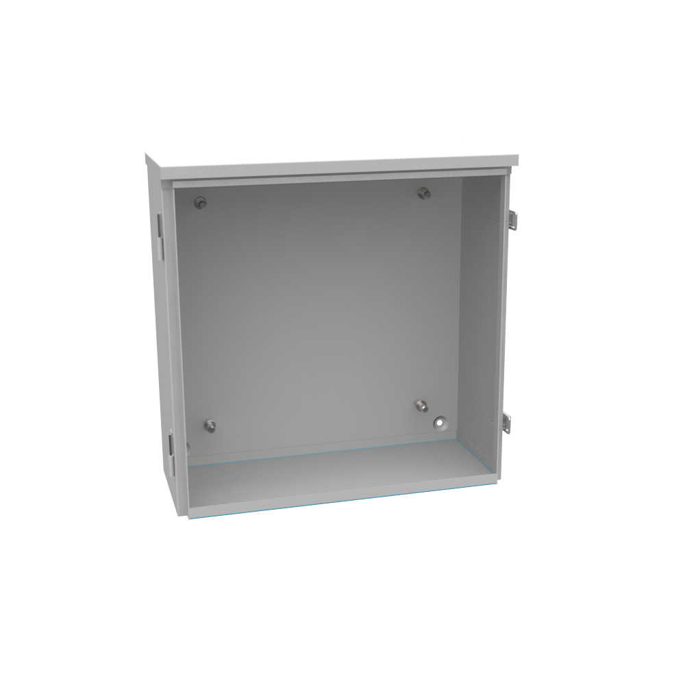 16x6x16 Hinge Cover Type 3R UL Listed Steel No Knockouts ANSI 61 Gray Back Panel Weld Studs Drip Shield Emboss Mounting Holes in Back Padlocking Draw Latch Quad D Knockout for Lock