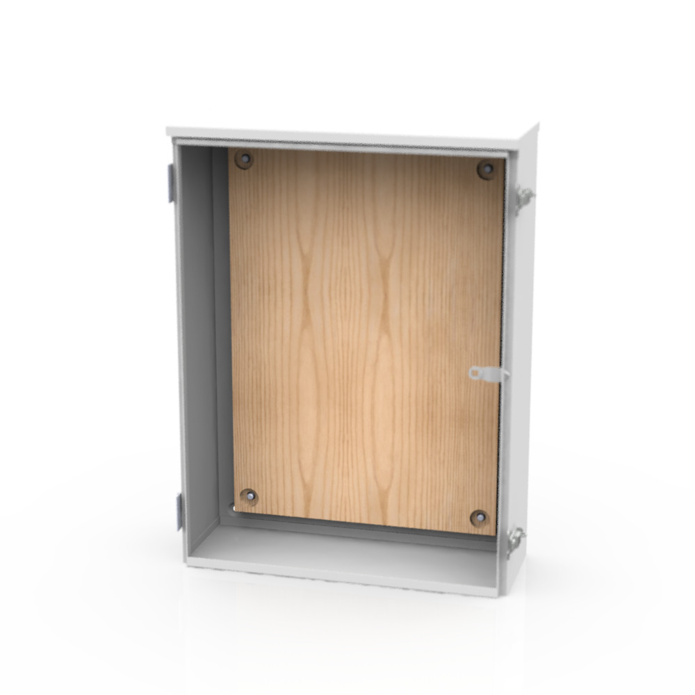 24x6x18 Hinge Cover Type 3R UL Listed Steel No Knockouts ANSI 61 Gray Back Panel Weld Studs Drip Shield Emboss Mounting Holes in Back Padlocking Draw Latch Quad D Knockout for Lock
