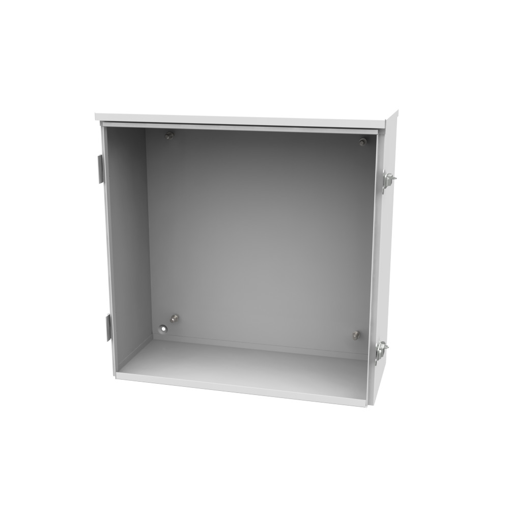 20x8x20 Hinge Cover Type 3R UL Listed Steel No Knockouts ANSI 61 Gray Back Panel Weld Studs Drip Shield Emboss Mounting Holes in Back Padlocking Draw Latch Quad D Knockout for Lock