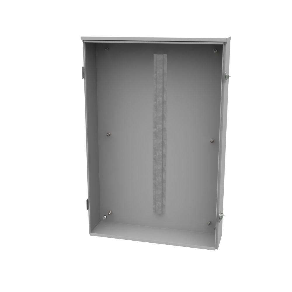 36x6x24 Hinge Cover Type 3R UL Listed Steel Knockouts ANSI 61 Gray Back Panel Weld Studs Drip Shield Emboss Mounting Holes in Back Padlocking Draw Latch