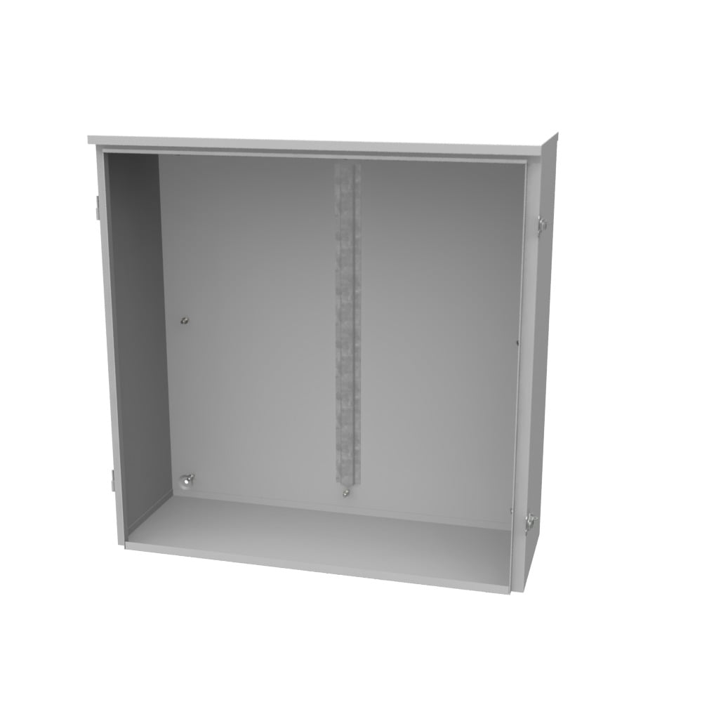 36x12x36 Hinge Cover Type 3R UL Listed Steel No Knockouts ANSI 61 Gray Back Panel Weld Studs Drip Shield Emboss Mounting Holes in Back Padlocking Draw Latch