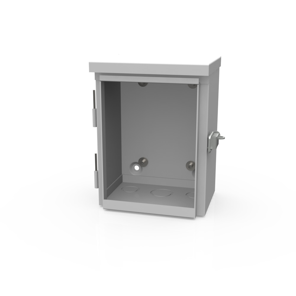 8x4x6 Hinge Cover Type 3R UL Listed Steel Knockouts ANSI 61 Gray Back Panel Weld Studs Drip Shield Emboss Mounting Holes in Back Padlocking Draw Latch Quad D Knockout for Lock