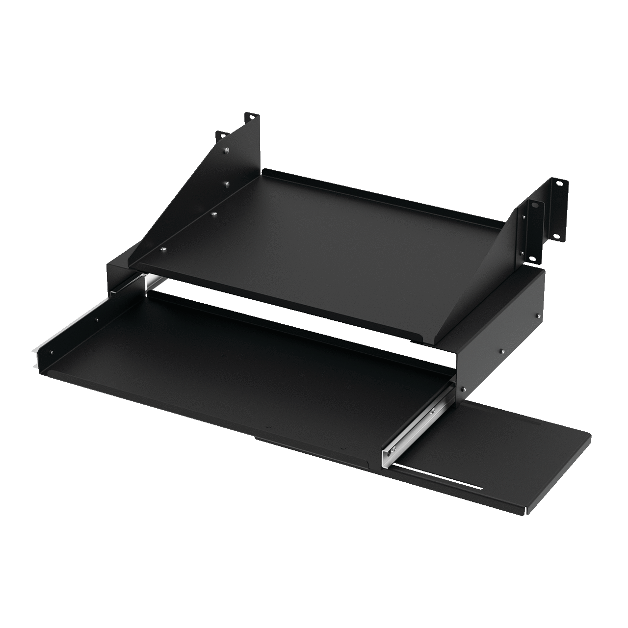 Pullout Keyboard Tray with Monitor Shelf, fits open rack, Black, Steel