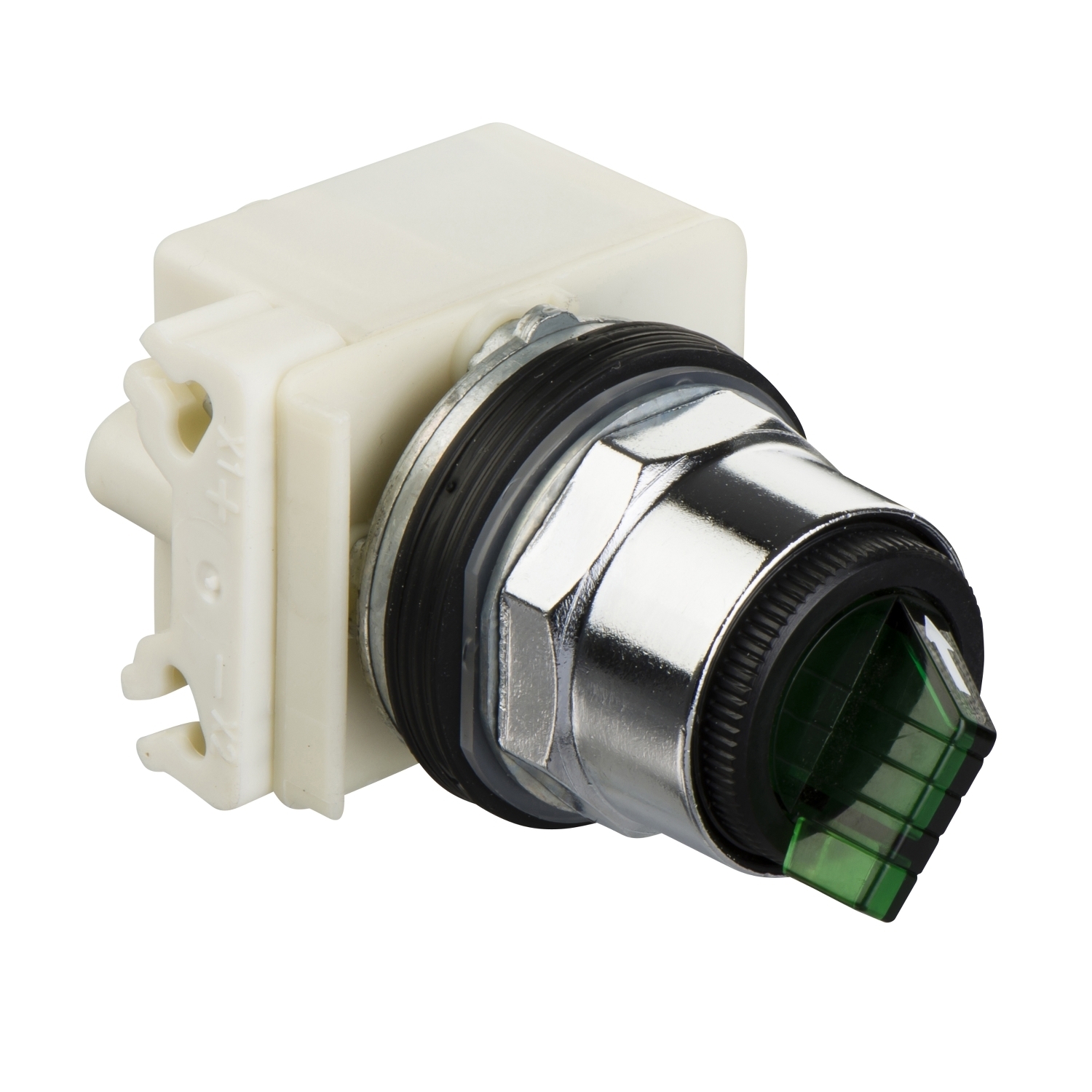 Illuminated selector switch head, Harmony 9001K, metal, standard handle, green, 30mm, 2 positions, stay put, 110-120V