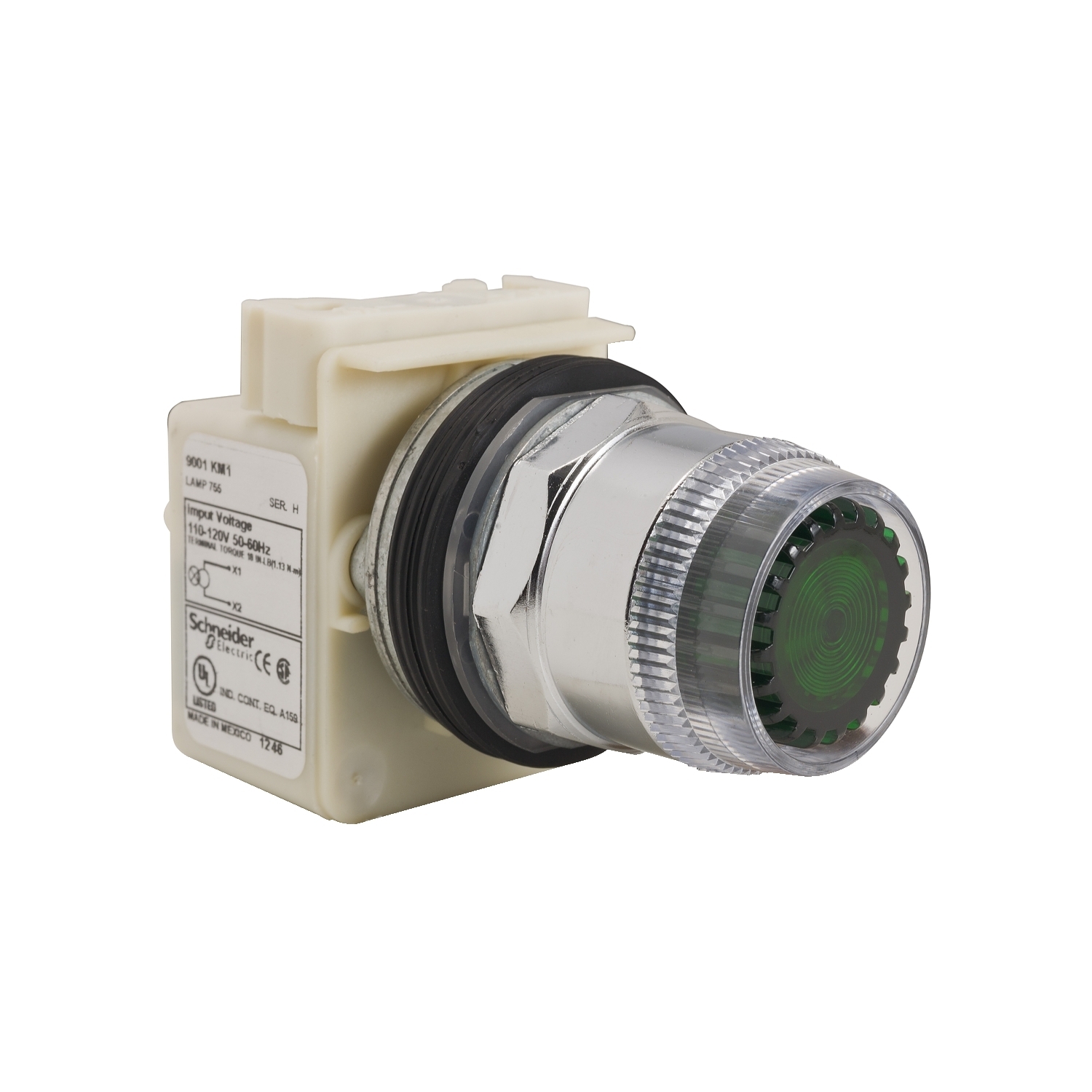 Illuminated push button, Harmony 9001K, metal, plastic guard flush, green, 30mm, spring return, 110...120V, 1 CO