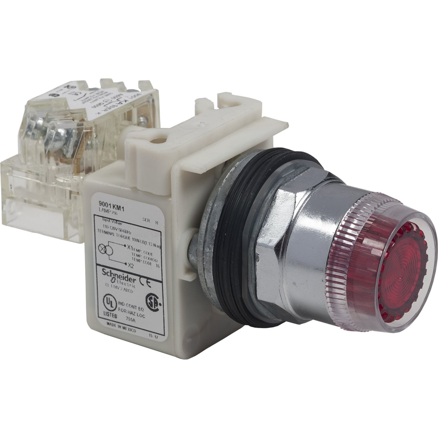 Illuminated push button, Harmony 9001K, metal, plastic guard flush, red, 30mm, spring return, 110...120V, 1 CO