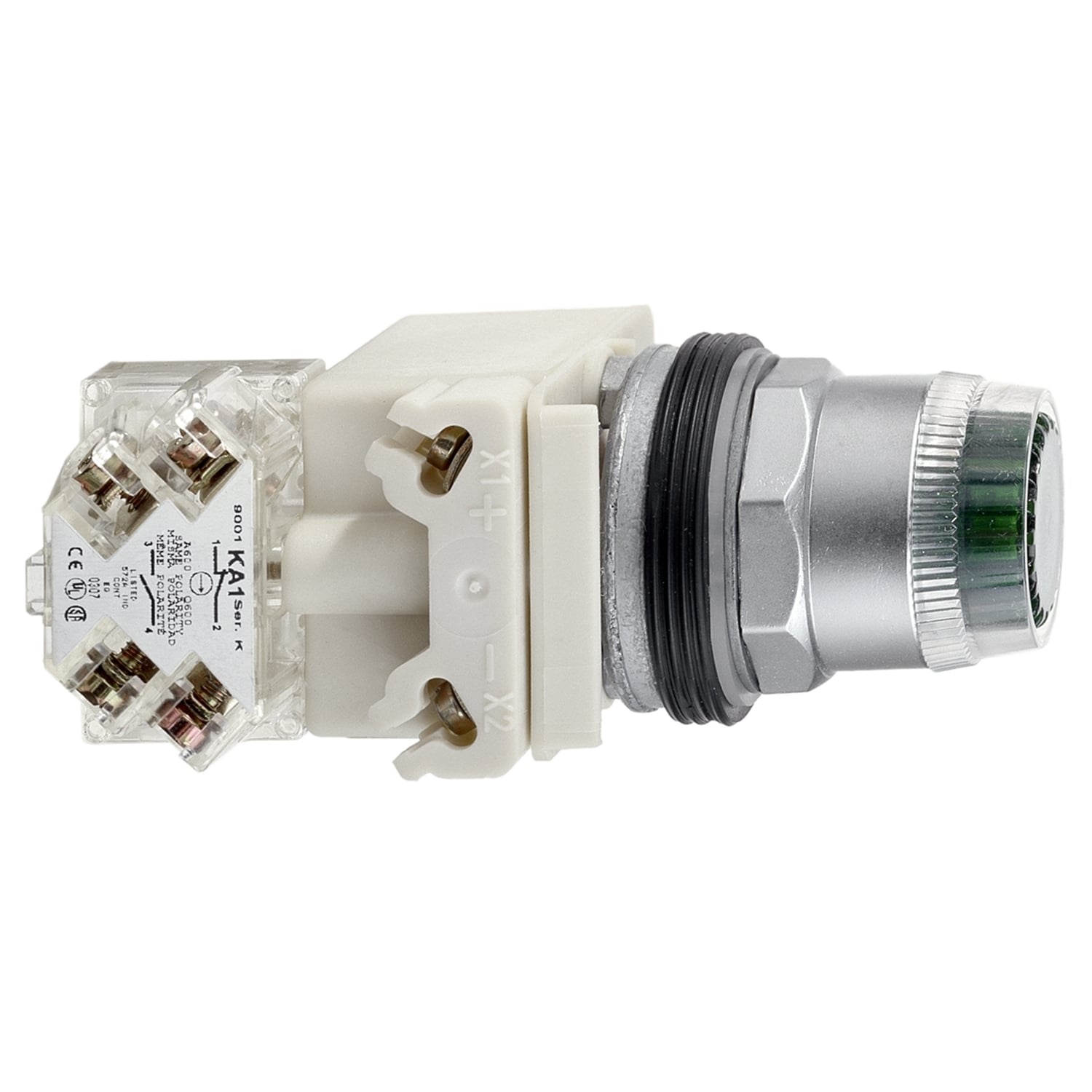 Illuminated push-button, Harmony 9001K, metal, plastic guard flush, green, 30mm, spring return, LED green, 24-28V, 1 C/O