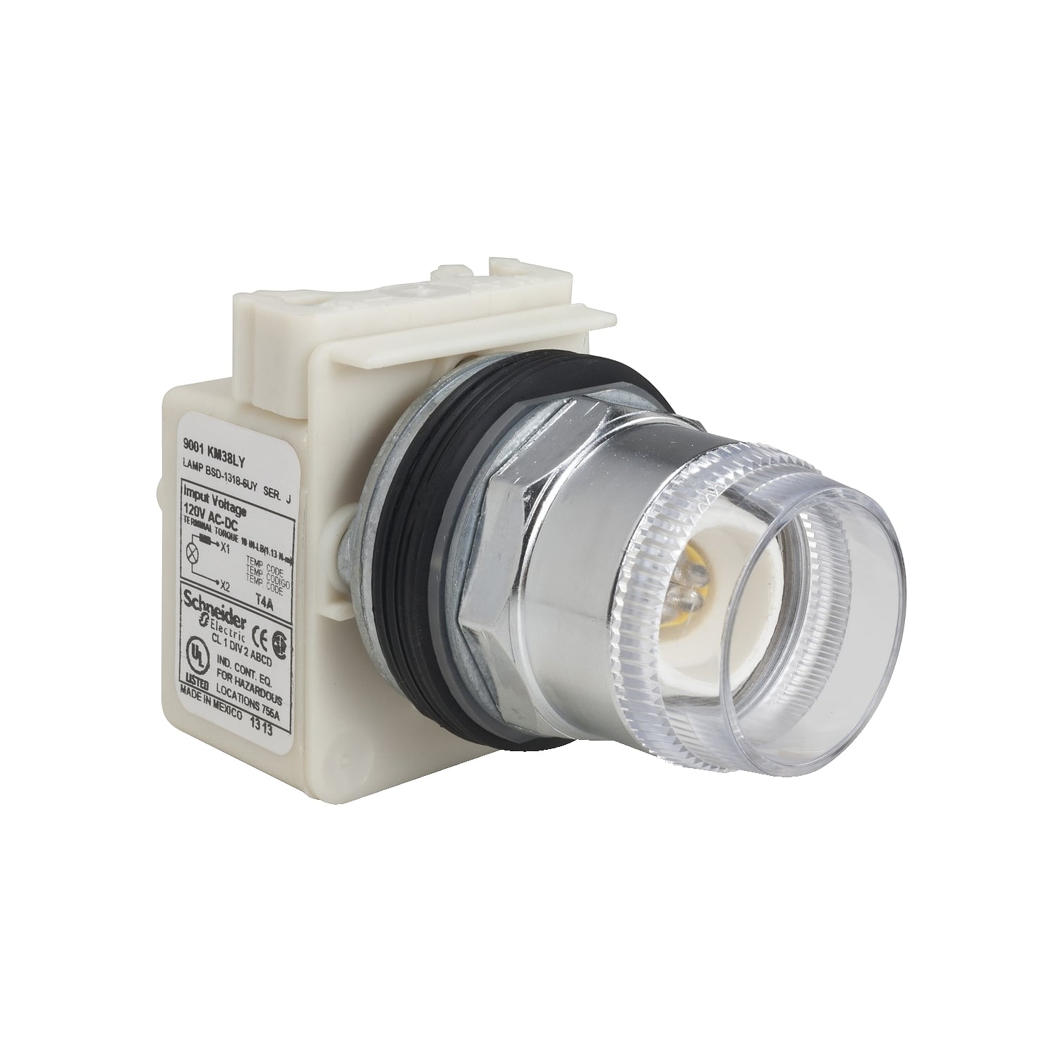 Head for illuminated push button, Harmony 9001K, metal, projecting, without cap, 30mm, spring return, 110...120V