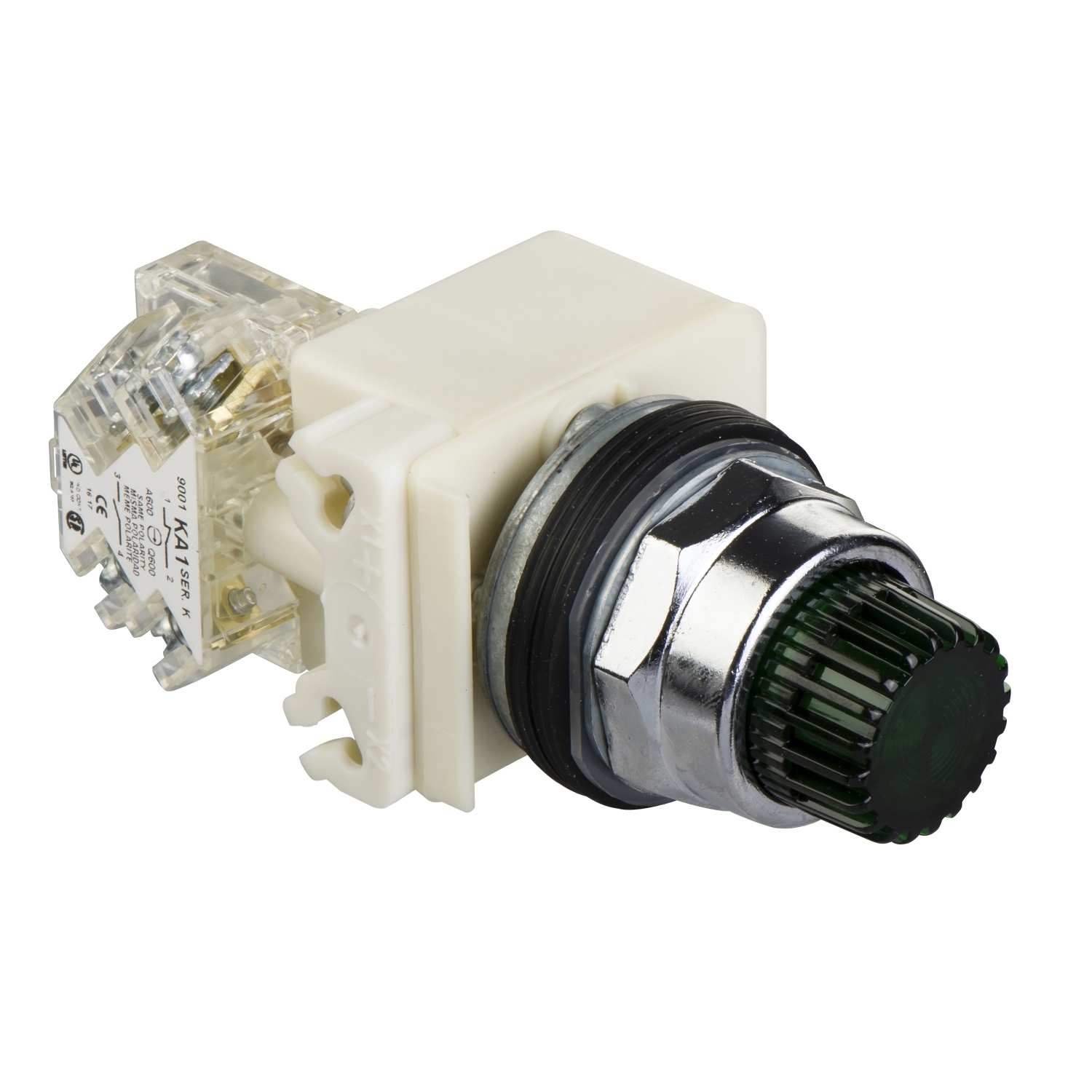 Illuminated push-button, Harmony 9001K, metal, projecting, green, 30mm, spring return, 120V, 1 C/O