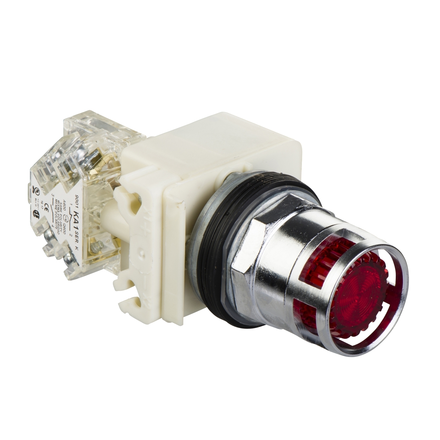 Illuminated push-button, Harmony 9001K, metal, metal guard flush, red, 30mm, spring return, 110-120V, 1 C/O