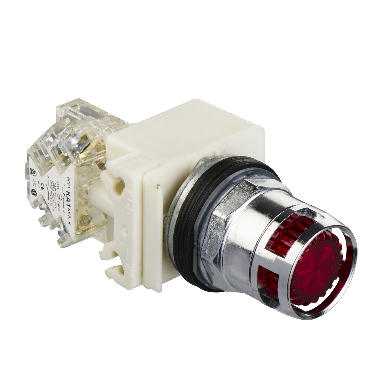 Illuminated push-button, Harmony 9001K, metal, metal guard flush, red, 30mm, spring return, LED red, 120V, 1 C/O