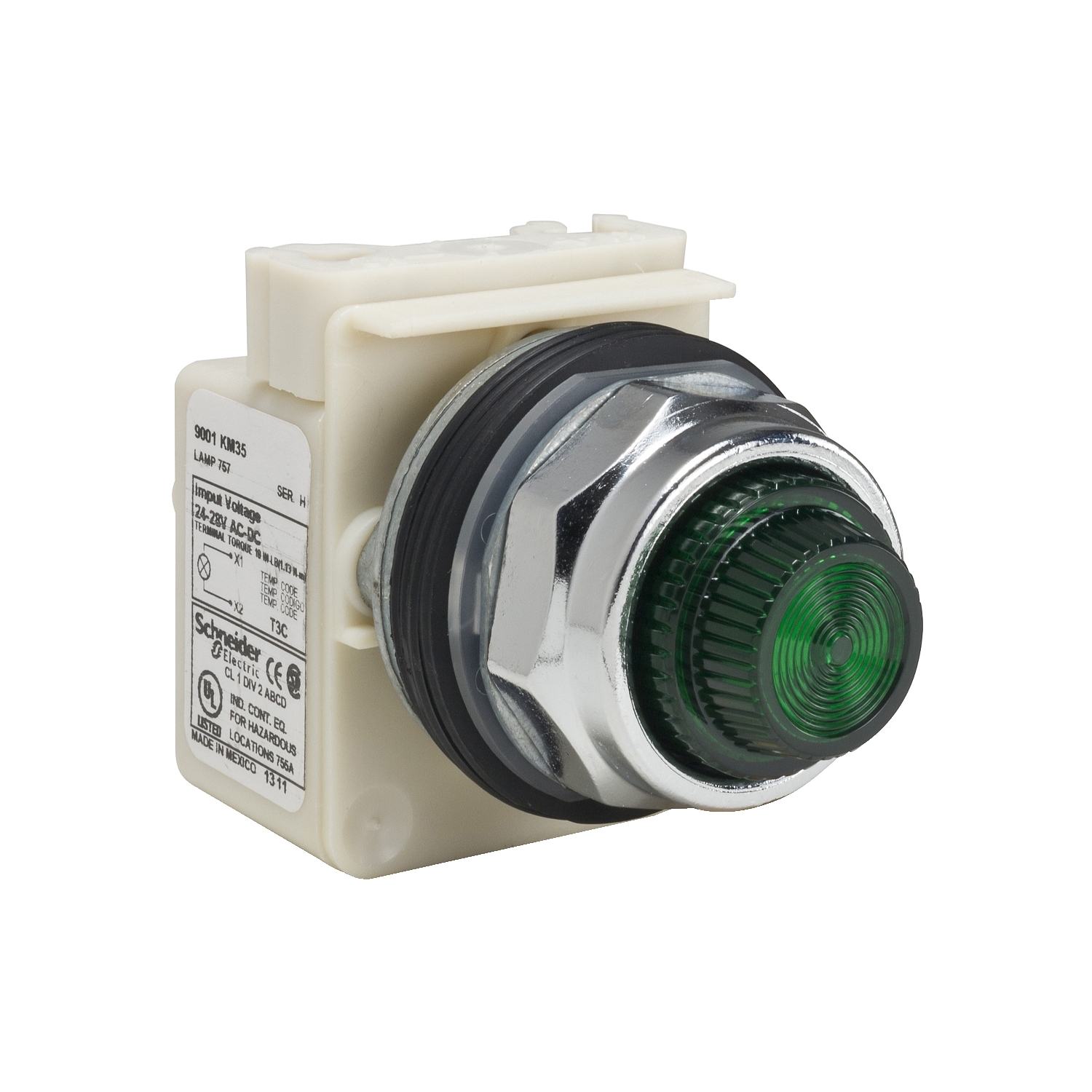 Pilot light, Harmony 9001K, metal, polycarbonate, fresnel lens, green, 30mm, 24...28V