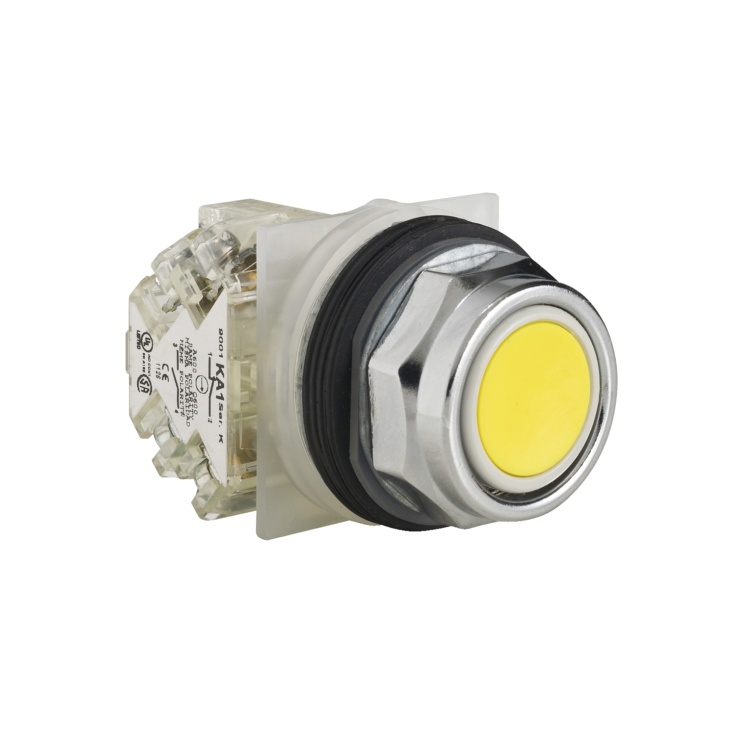 Push-button, Harmony 9001K, metal, flush, yellow, 30mm, spring return, 1 C/O