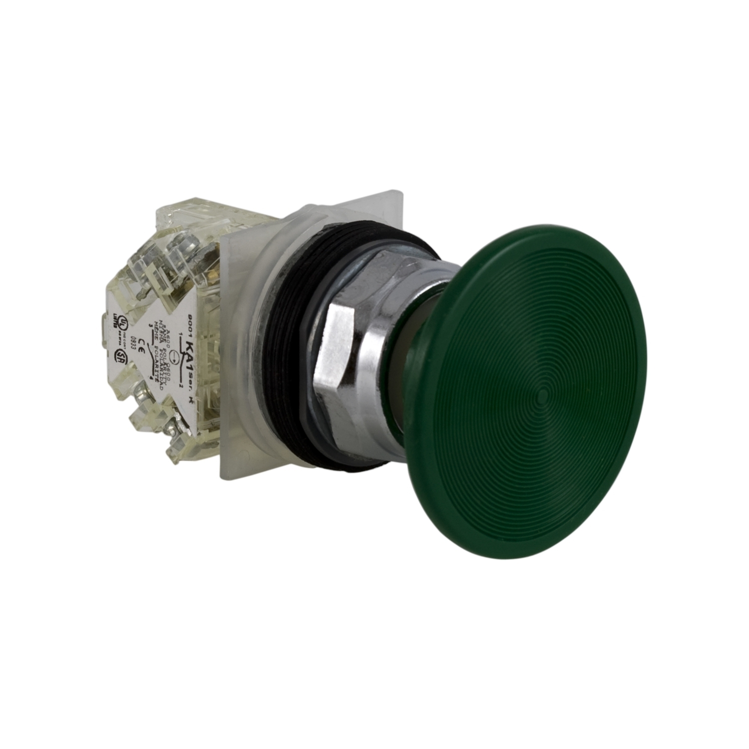 Push-button, Harmony 9001K, metal, mushroom 57mm, green, 30mm, spring return, 1 C/O