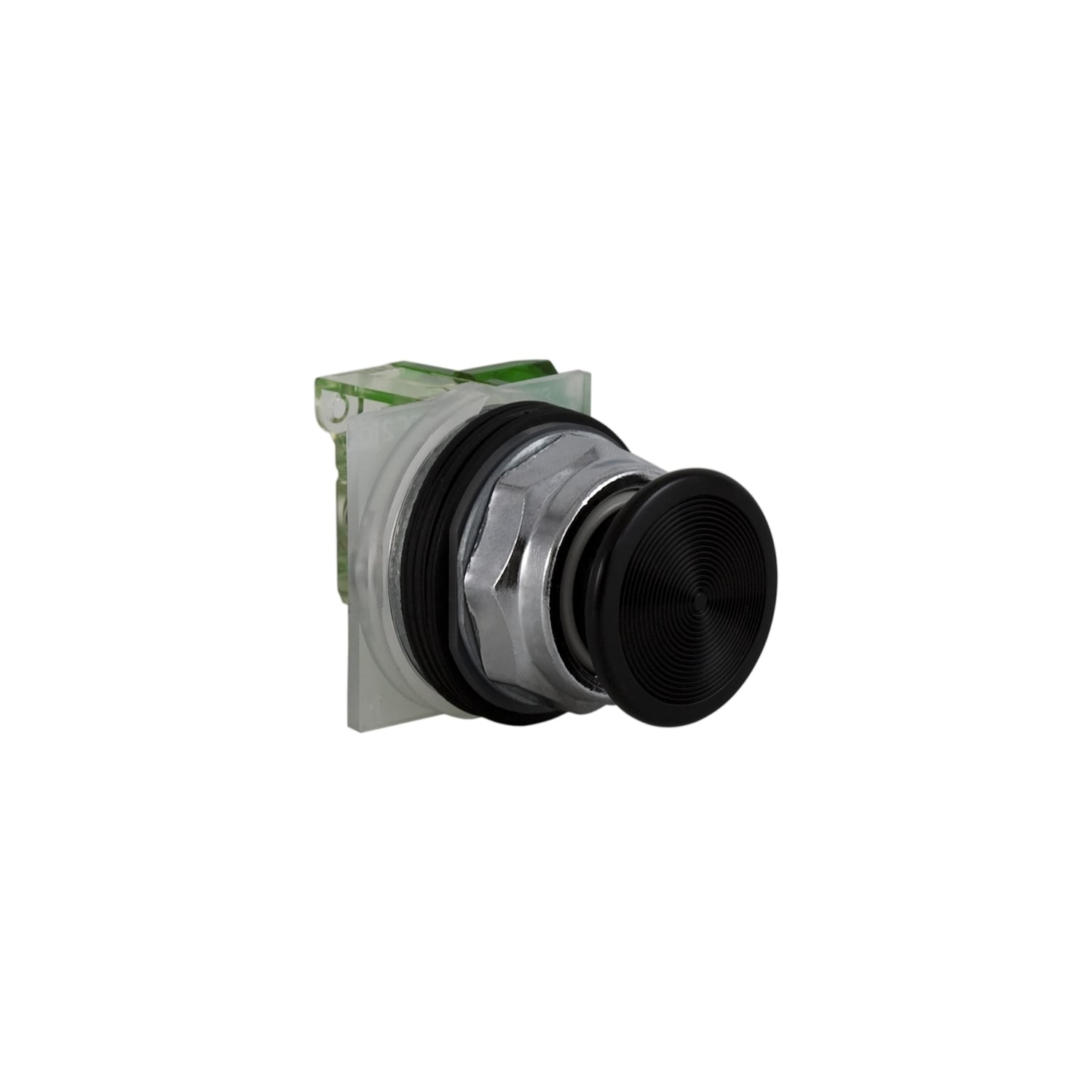 Push-button, Harmony 9001K, metal, snap-in plastic mushroom 35mm, black, 30mm, spring return, 1 C/O